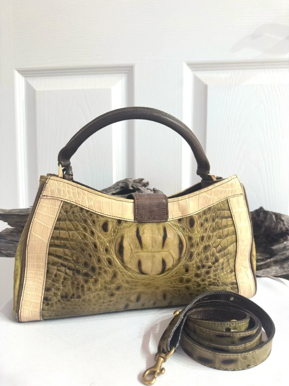 BRAHMIN ~ Rare Tri-Color Croc-Embossed Leather Satchel w/Crossbody Strap
